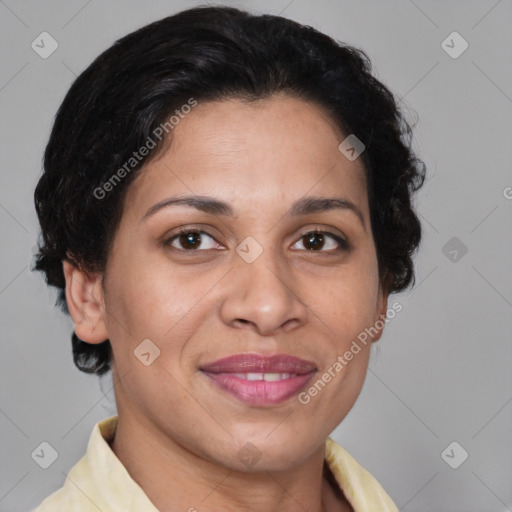 Joyful latino adult female with short  brown hair and brown eyes