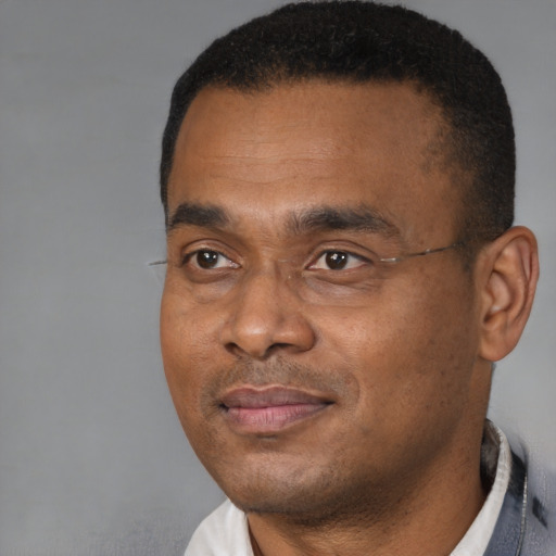 Joyful black adult male with short  black hair and brown eyes