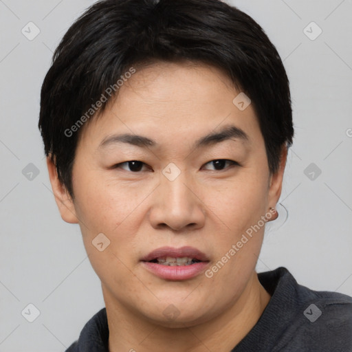 Joyful asian young-adult female with short  black hair and brown eyes
