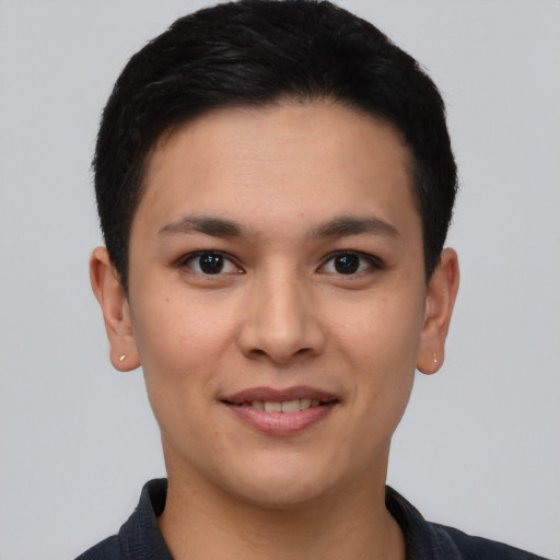 Joyful white young-adult female with short  black hair and brown eyes