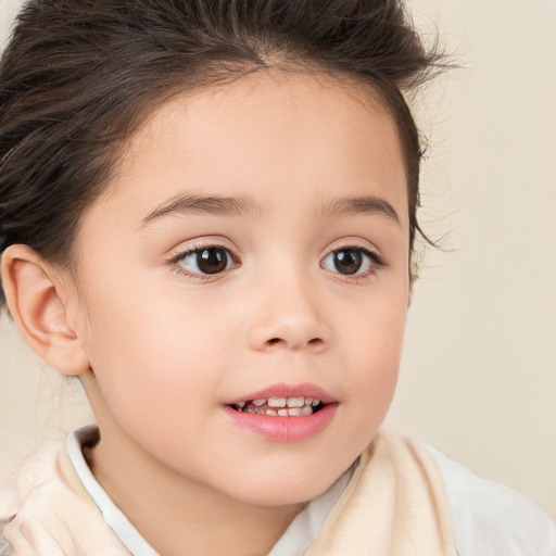 Joyful white child female with medium  brown hair and brown eyes