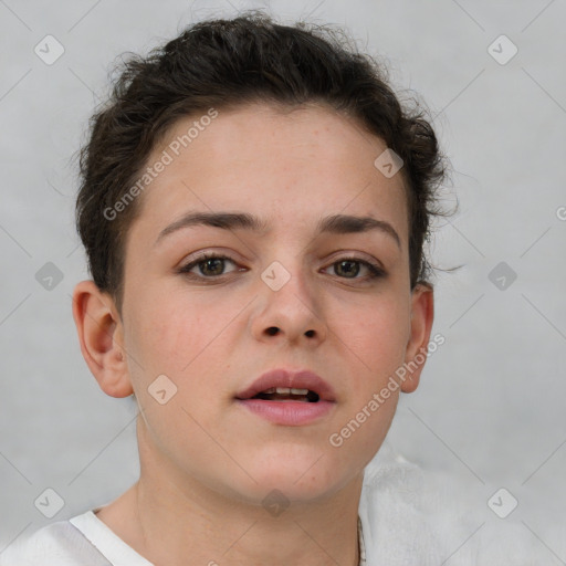 Neutral white young-adult female with short  brown hair and brown eyes