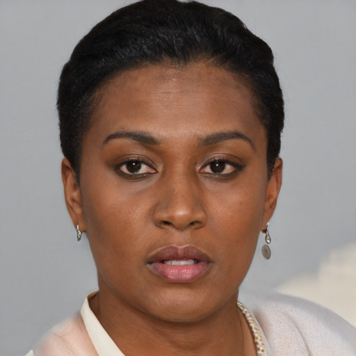 Neutral black young-adult female with short  brown hair and brown eyes