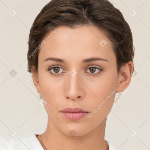 Neutral white young-adult female with short  brown hair and brown eyes