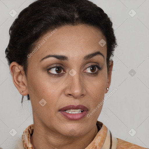 Joyful latino young-adult female with short  brown hair and brown eyes