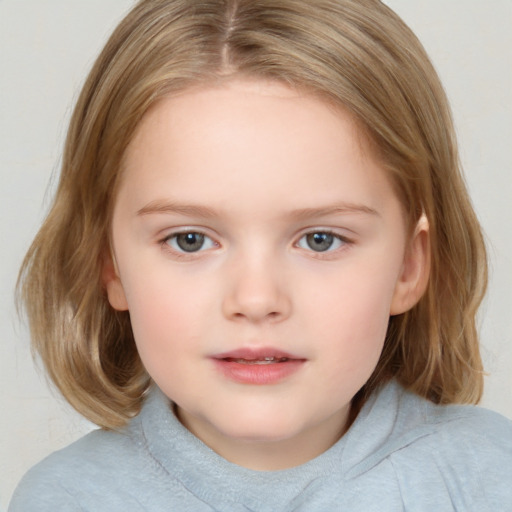 Neutral white child female with medium  brown hair and blue eyes