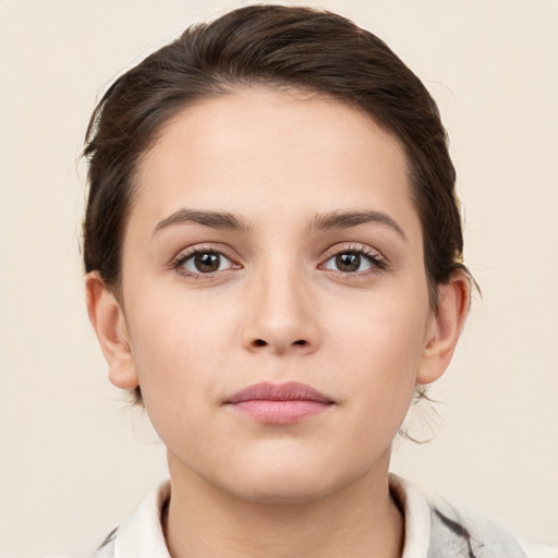 Neutral white young-adult female with medium  brown hair and brown eyes