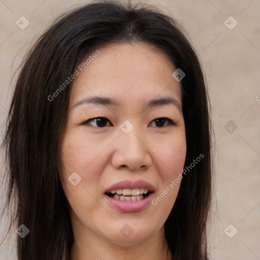 Joyful white young-adult female with long  brown hair and brown eyes