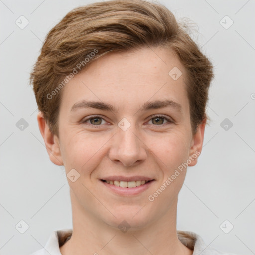 Joyful white young-adult female with short  brown hair and grey eyes