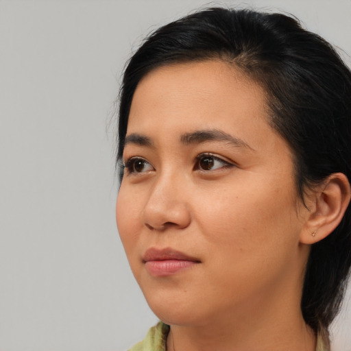 Neutral asian young-adult female with medium  brown hair and brown eyes