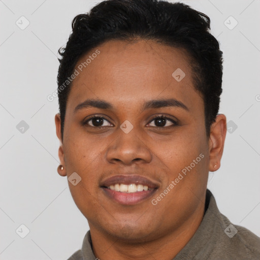 Joyful black young-adult female with short  brown hair and brown eyes