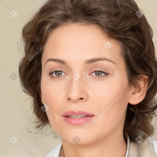 Neutral white young-adult female with medium  brown hair and brown eyes