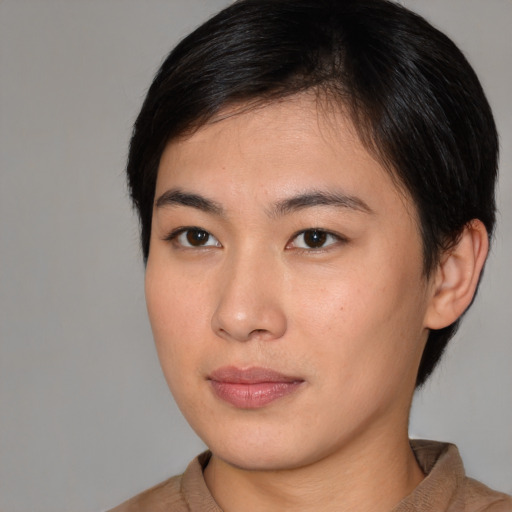 Neutral white young-adult female with medium  brown hair and brown eyes