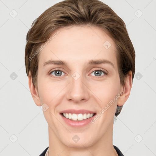 Joyful white young-adult female with short  brown hair and grey eyes