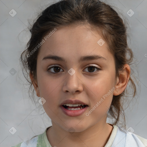 Joyful white child female with medium  brown hair and brown eyes