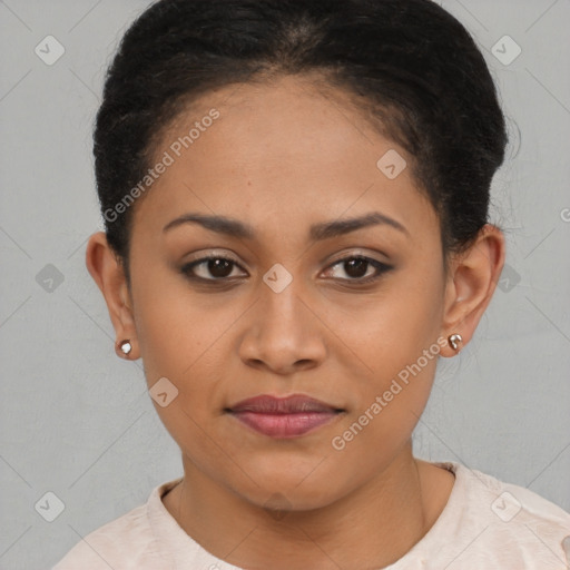Joyful latino young-adult female with short  brown hair and brown eyes