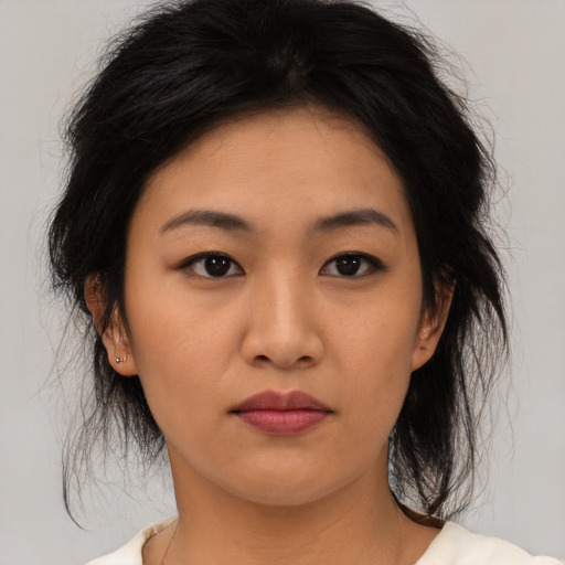 Neutral asian young-adult female with medium  black hair and brown eyes