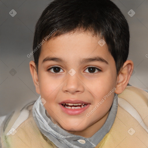 Joyful white child male with short  brown hair and brown eyes