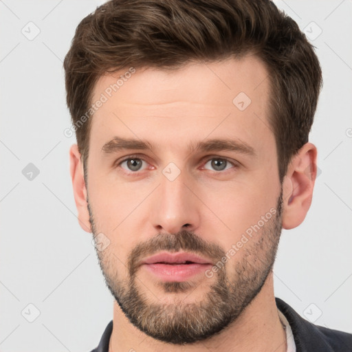 Neutral white young-adult male with short  brown hair and brown eyes