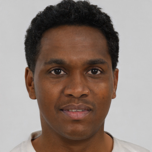 Neutral black young-adult male with short  brown hair and brown eyes