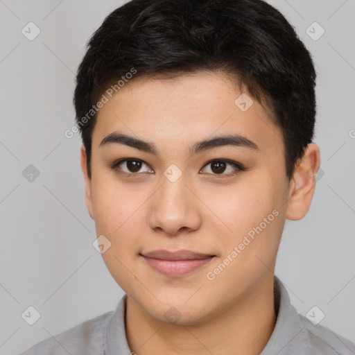 Joyful asian young-adult female with short  brown hair and brown eyes