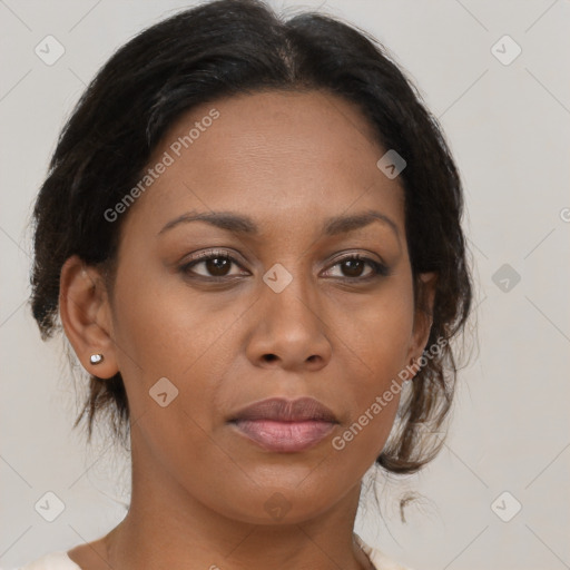 Neutral black young-adult female with medium  brown hair and brown eyes