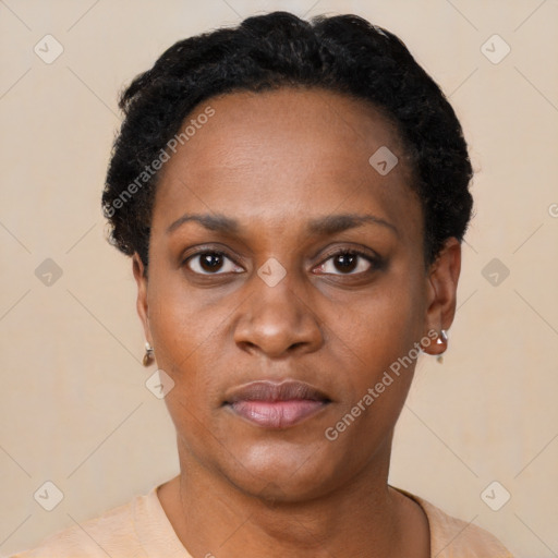 Neutral black young-adult female with short  black hair and brown eyes