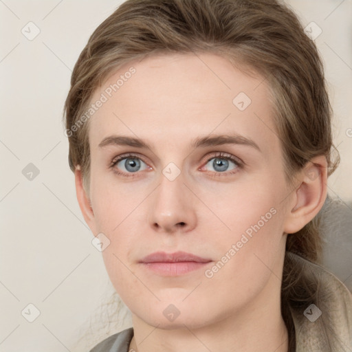 Neutral white young-adult female with medium  brown hair and grey eyes