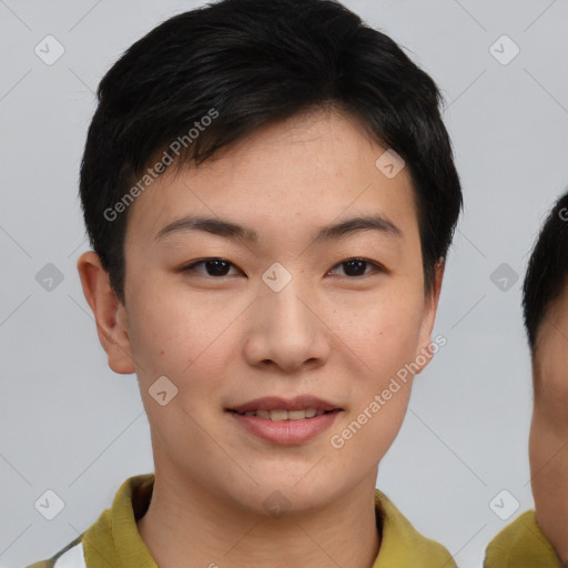 Joyful asian young-adult female with short  brown hair and brown eyes