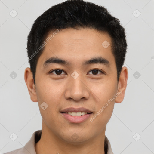 Joyful latino young-adult male with short  brown hair and brown eyes