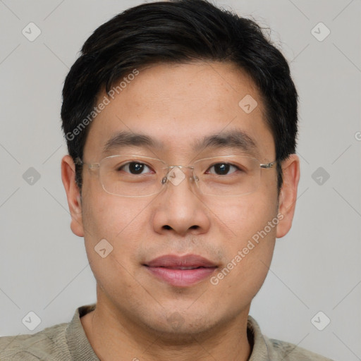 Joyful asian young-adult male with short  brown hair and brown eyes