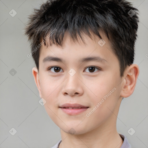 Joyful white child male with short  brown hair and brown eyes