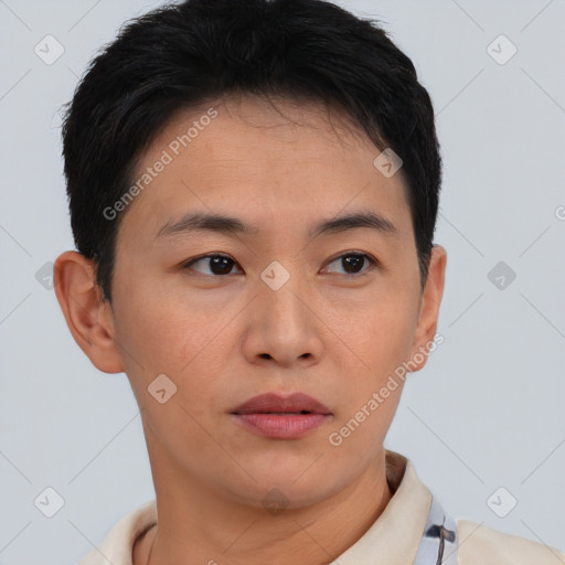 Neutral asian young-adult male with short  brown hair and brown eyes