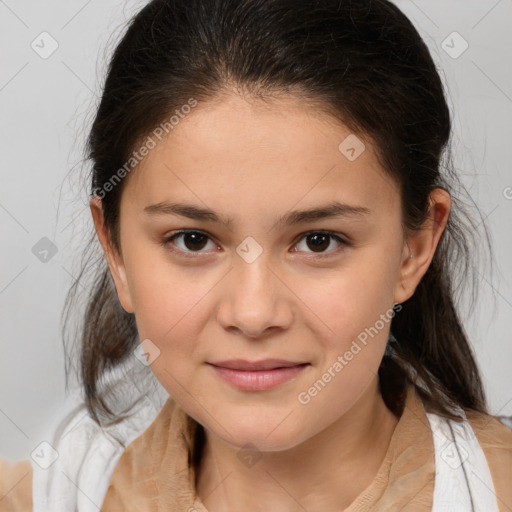 Joyful white child female with medium  brown hair and brown eyes