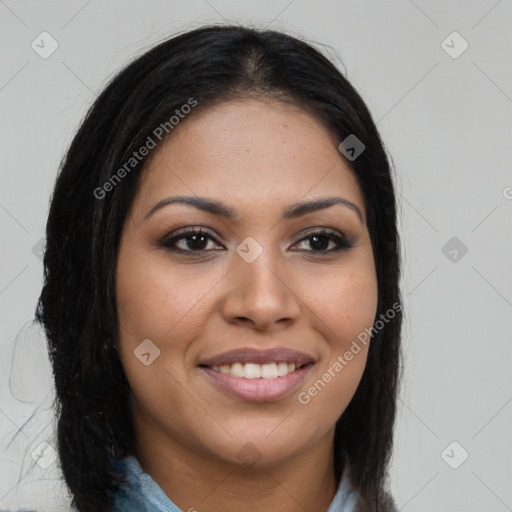 Joyful latino young-adult female with long  brown hair and brown eyes