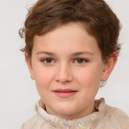 Joyful white child female with short  brown hair and brown eyes