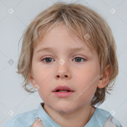 Neutral white child female with medium  brown hair and blue eyes