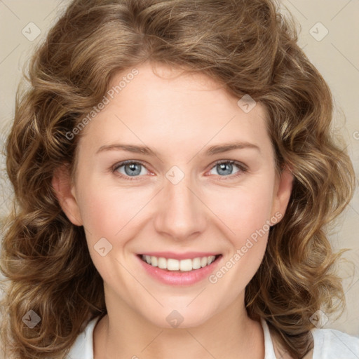 Joyful white young-adult female with medium  brown hair and green eyes