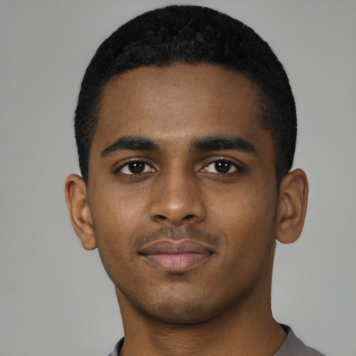 Neutral black young-adult male with short  black hair and brown eyes