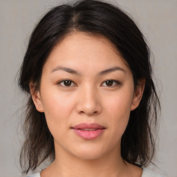 Neutral asian young-adult female with medium  brown hair and brown eyes