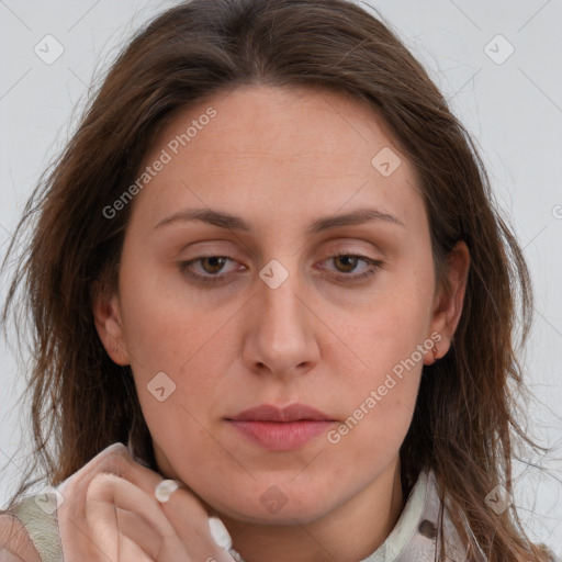 Neutral white young-adult female with long  brown hair and brown eyes