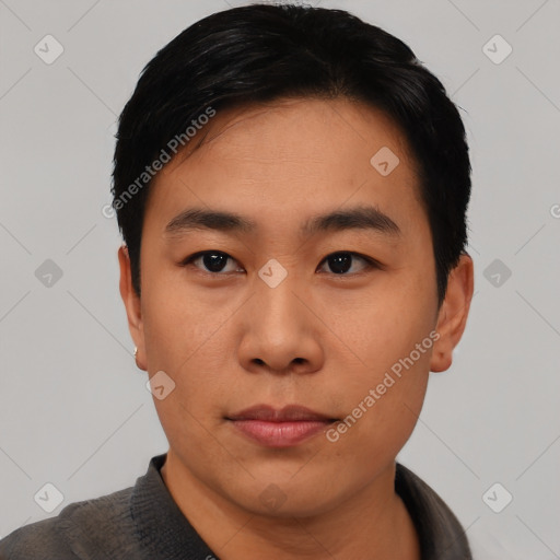 Neutral asian young-adult male with short  black hair and brown eyes