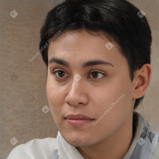 Neutral white young-adult female with short  brown hair and brown eyes