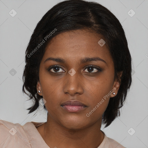 Neutral asian young-adult female with medium  black hair and brown eyes