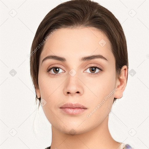 Neutral white young-adult female with medium  brown hair and brown eyes