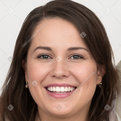 Joyful white young-adult female with long  brown hair and grey eyes