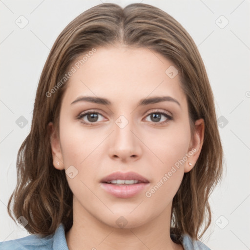 Neutral white young-adult female with medium  brown hair and grey eyes