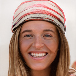 Joyful white young-adult female with long  brown hair and blue eyes