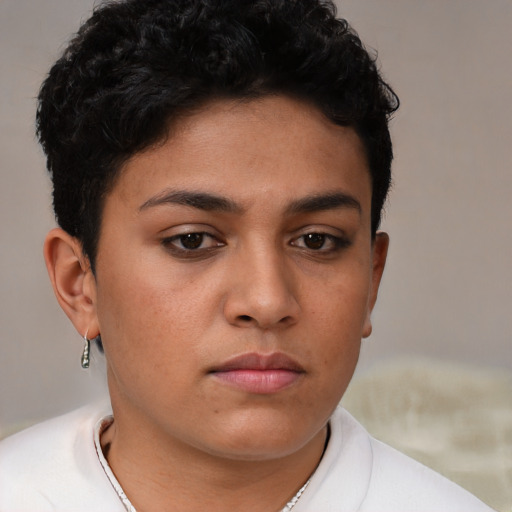 Neutral latino young-adult female with short  brown hair and brown eyes