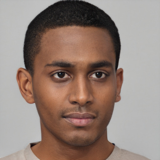 Neutral black young-adult male with short  black hair and brown eyes